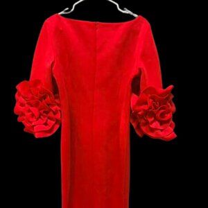 Vibrant red sheath-style dress with ruffle sleeve